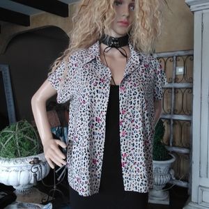 Pink and blue leopard print blouse